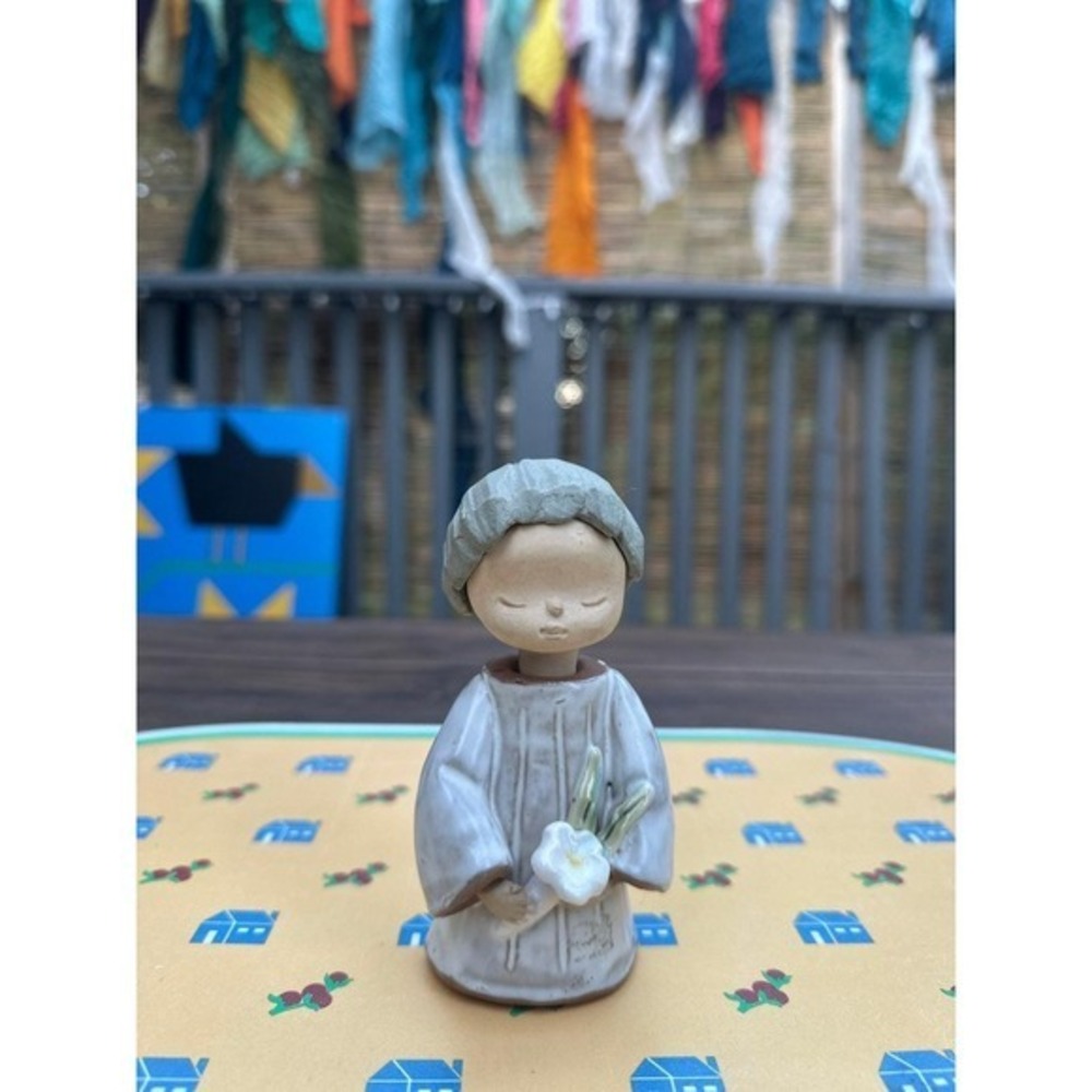 1960s Japan Ceramic Boy Figurine – Japandi Zen, Flower,‎ Foil Label